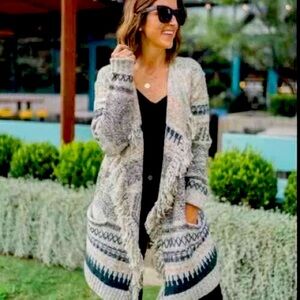 Cabi Shetland Sweater Cardigan Womens XL Open Front Fringe Geometric Stripe